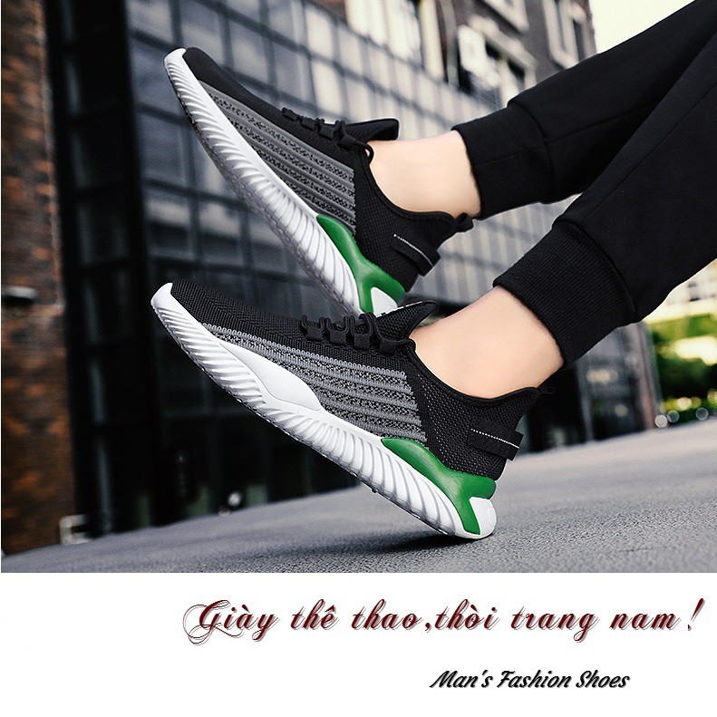 Giày thể thao nam giày sneaker nam W61 dệt sợi cao cấp êm chân thoáng khí phối màu đen trắng nổi bật