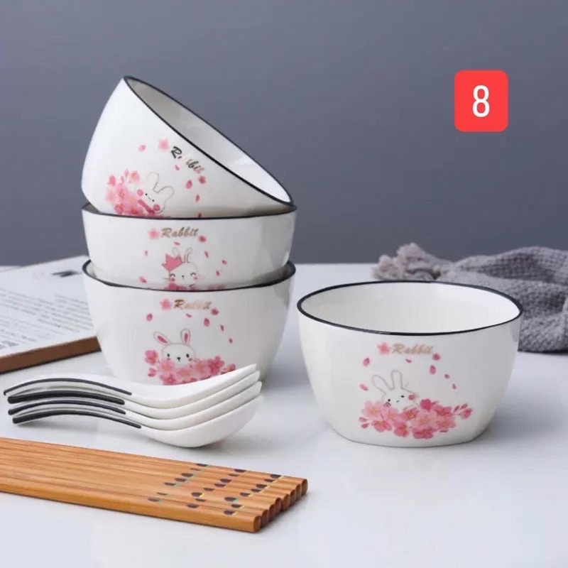 Sét 4 bát cơm vuông kèm 4 thìa hoặc 4 đôi đũa
