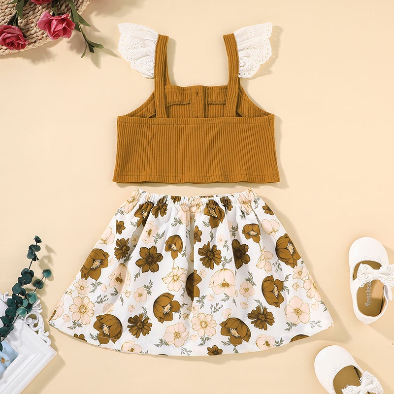 Bộ Đồ Bé Gái Gồm 2 Món Mùa Hè Bodysuit Hai Dây Và Chân Váy Set Quần Áo Cho Sơ Sinh 0 đến 24 tháng