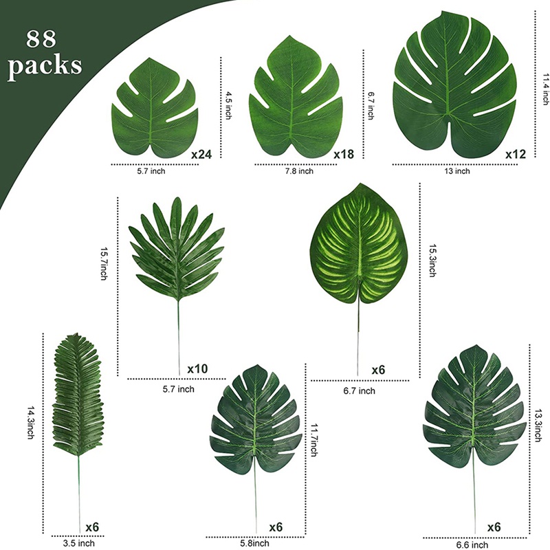 88 miếng Lá rừng cọ 8 loại Lá Monstera giả nhiệt đới có thân cho bữa tiệc chủ đề bãi biển Hawaii Luau