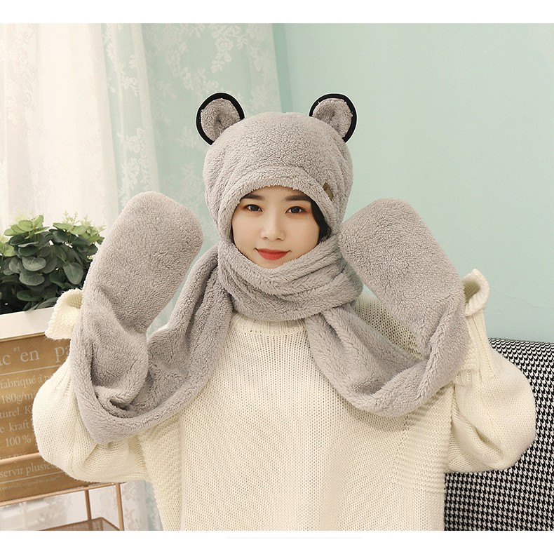 Mũ len liền khăn quàng cổ có bao tay lông cừu cho mẹ và bé - mu len lien khan co gang tay