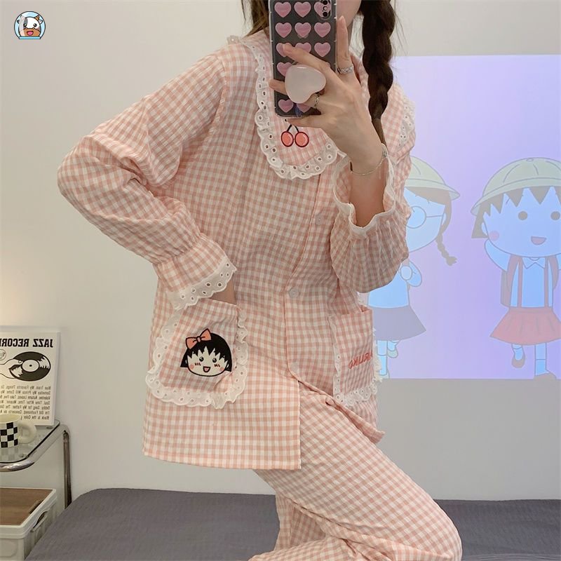 Bộ Đồ Ngủ Dài Tay Họa Tiết Ca Rô Màu Hồng Xinh Xắn Dành Cho Nữ