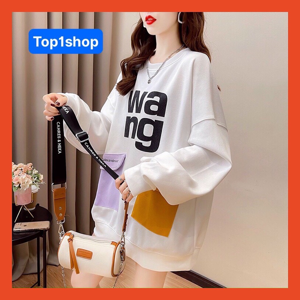 Áo Sweater nữ WANG tay dài form rộng thiết kế hai túi trước phối màu phong cách Hàn Quốc,chất liệu nỉ bông cao cấp 2022