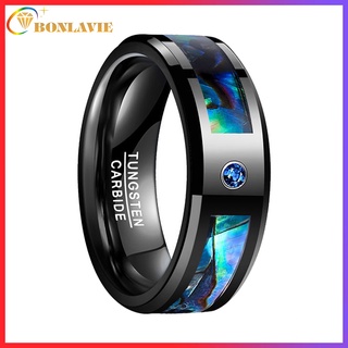  BONLAVIE Vỏ bào ngư nam 8mm và khảm Cubic Zirconia màu xanh ngọc bích 100% Nhẫn vonfram thật màu đen Dây buộc đám cưới vát cạnh kích thước 7-12 