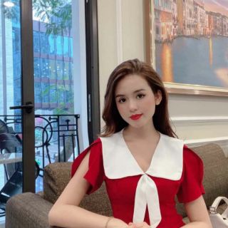 Đầm váy đỏ xoè chiết eo cổ peter pan trắng