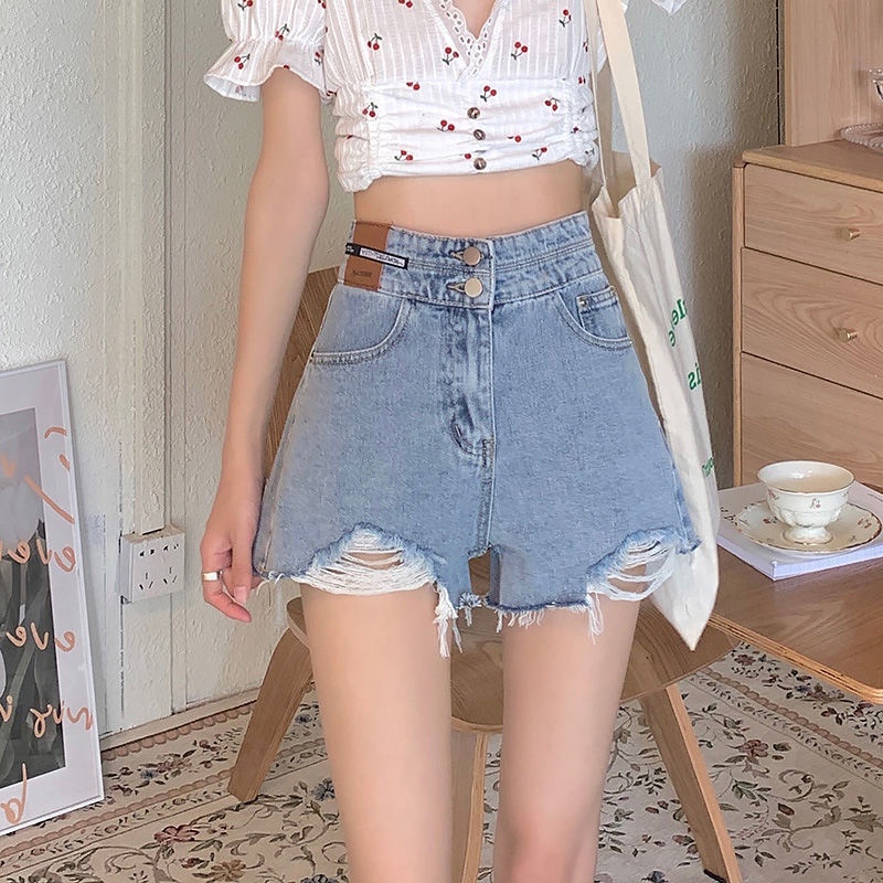 Quần short denim COZOKC lưng cao dáng rộng phối rách cá tính