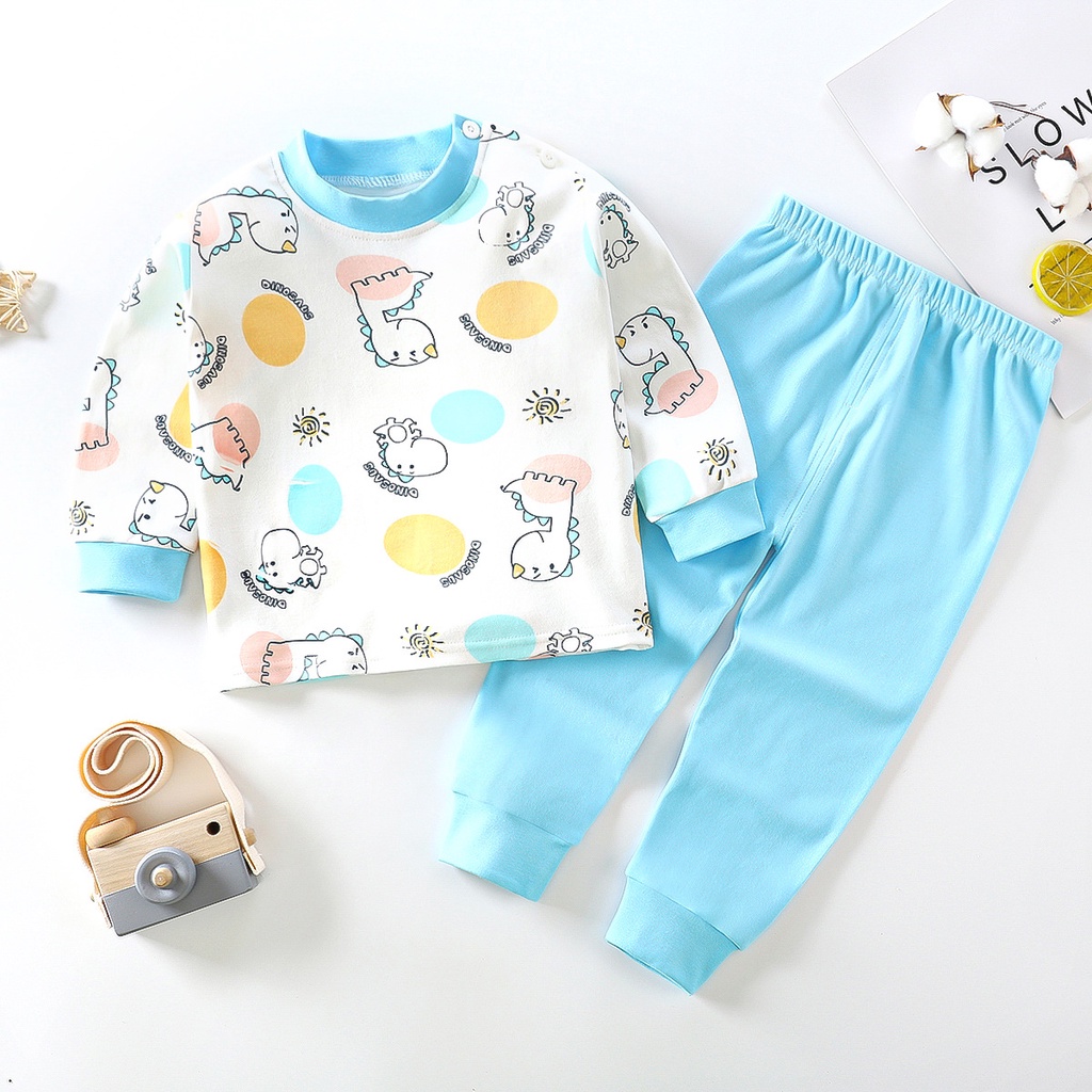Bộ đồ ngủ tay dài chất liệu cotton in họa tiết hoạt hình phong cách Hàn Quốc thời trang thu đông cho bé 65-135CM