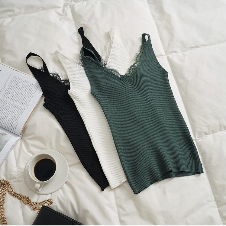 Áo hai dây len tăm phối ren siêu xinh | BigBuy360 - bigbuy360.vn