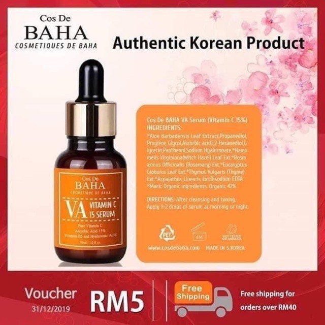 Tinh chất trị nám, dưỡng trắng da serum Cos De Baha VA Vitamin C 15 Ascorbic acid cam