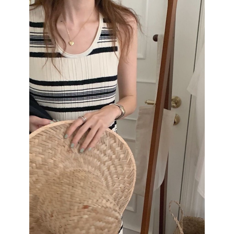 Đầm Dệt Kim Sát Nách Cổ Tròn Họa Tiết Kẻ Sọc Màu Sắc Tương Phản Thời Trang Xuân Hè Hàn Quốc Cho Nữ