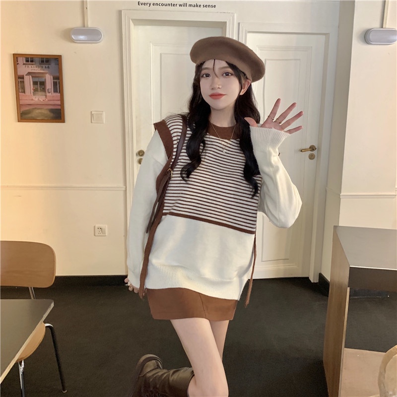 Áo sweater ghép nối kẻ sọc dáng rộng phong cách trẻ trung thời trang | BigBuy360 - bigbuy360.vn