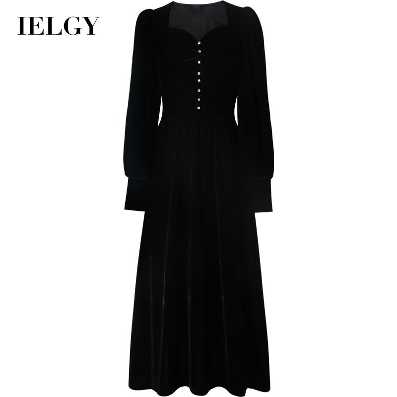 Đầm dài bằng vải nhung màu đen phong cách Pháp Hepburn cổ điển IELGY