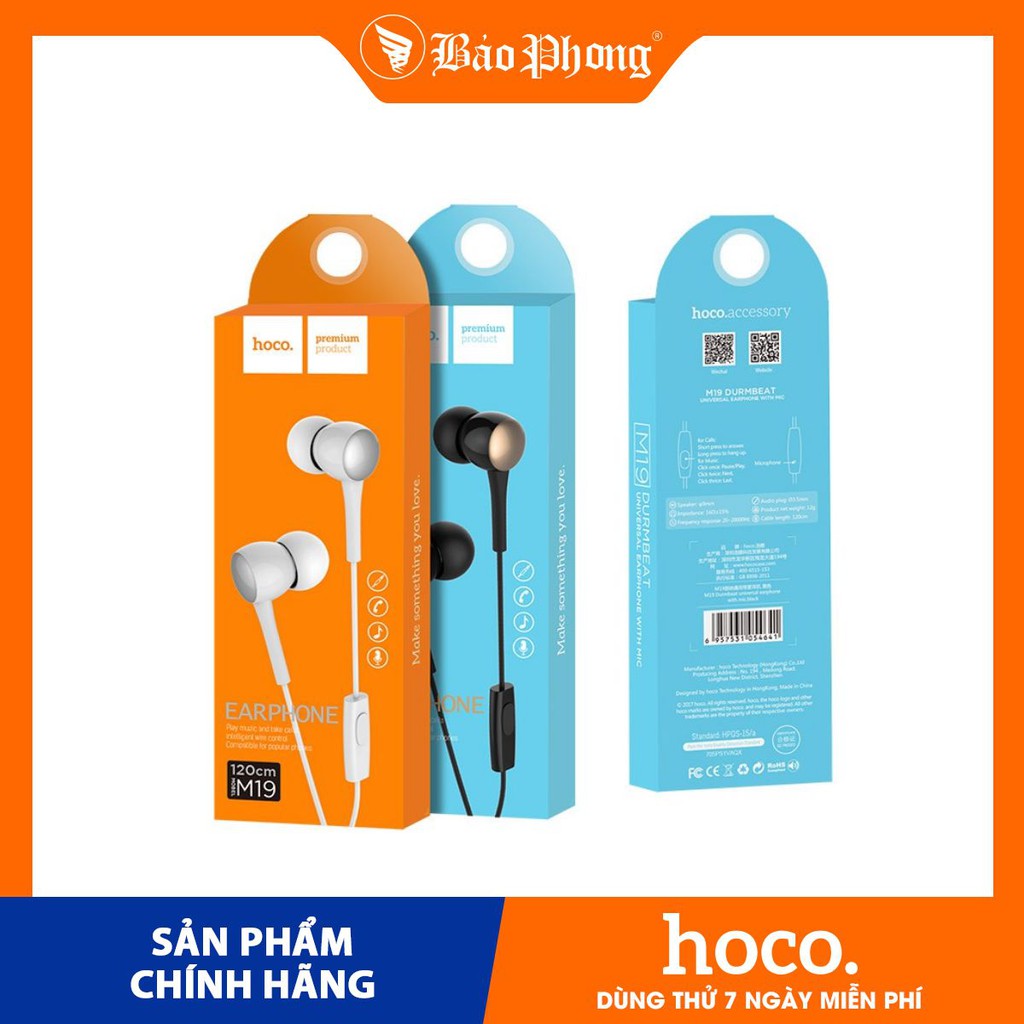 Tai nghe liền dây Drumbeat HOCO M19 có micro chân tròn 3.5mm Dành cho điện thoại i-Phone iP Huawei Samsung Oppo