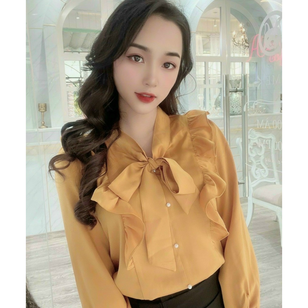 Áo sơ mi nữ lụa trơn dài tay cao cấp công sở thiết kế nơ cổ bèo vai tay bồng thanh lịch, áo sơ mi thiết kế MQ Boutique