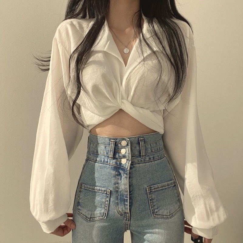 Áo Sơ Mi Dài Tay Sang Trọng 164155 Áo Croptop Thắt Nơ Quyến Rũ Hợp Thời Trang