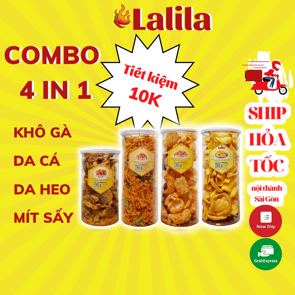 COMBO6 Khô gà 300g, Da cá trứng muối 200g, Da heo cháy tỏi 160g, Mít sấy 230g - đồ ăn vặt ngon