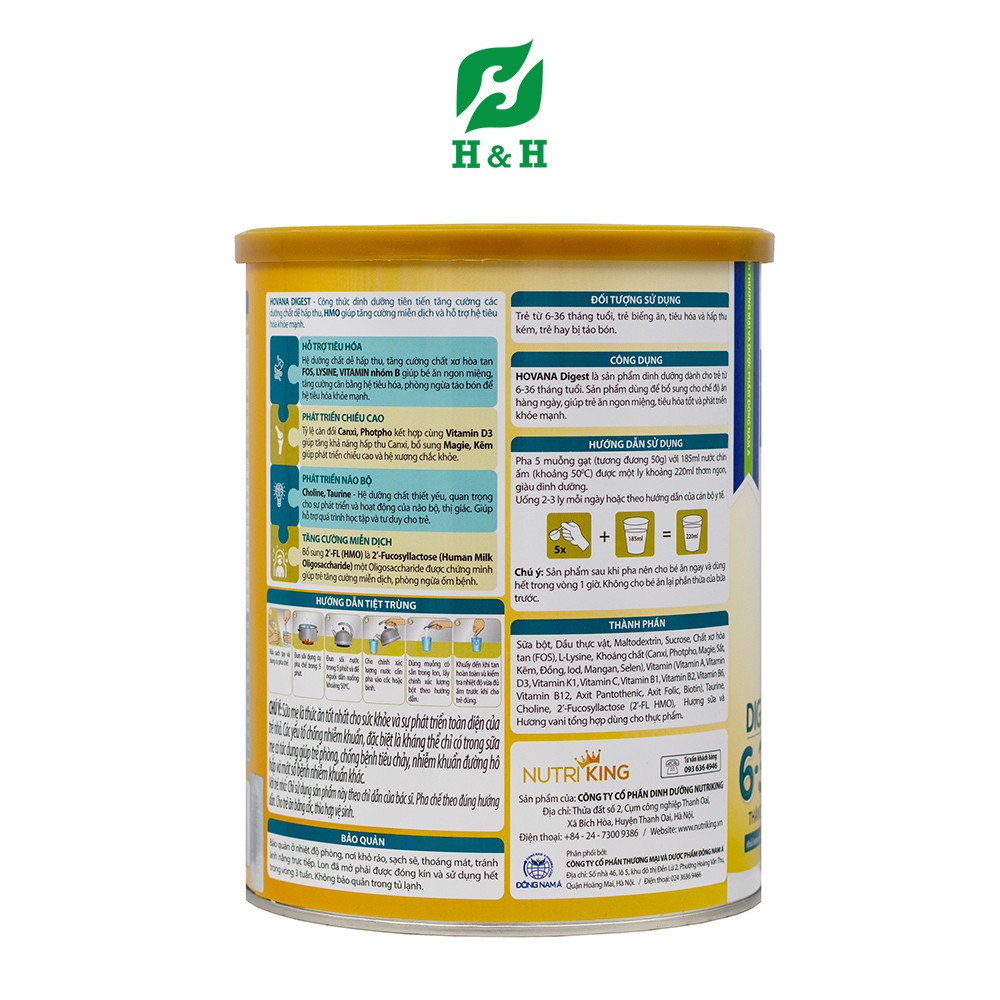 Sữa bột Hovana Digest hỗ trợ tiêu hóa tốt cho bé 6-36 tháng tuổi - 900g