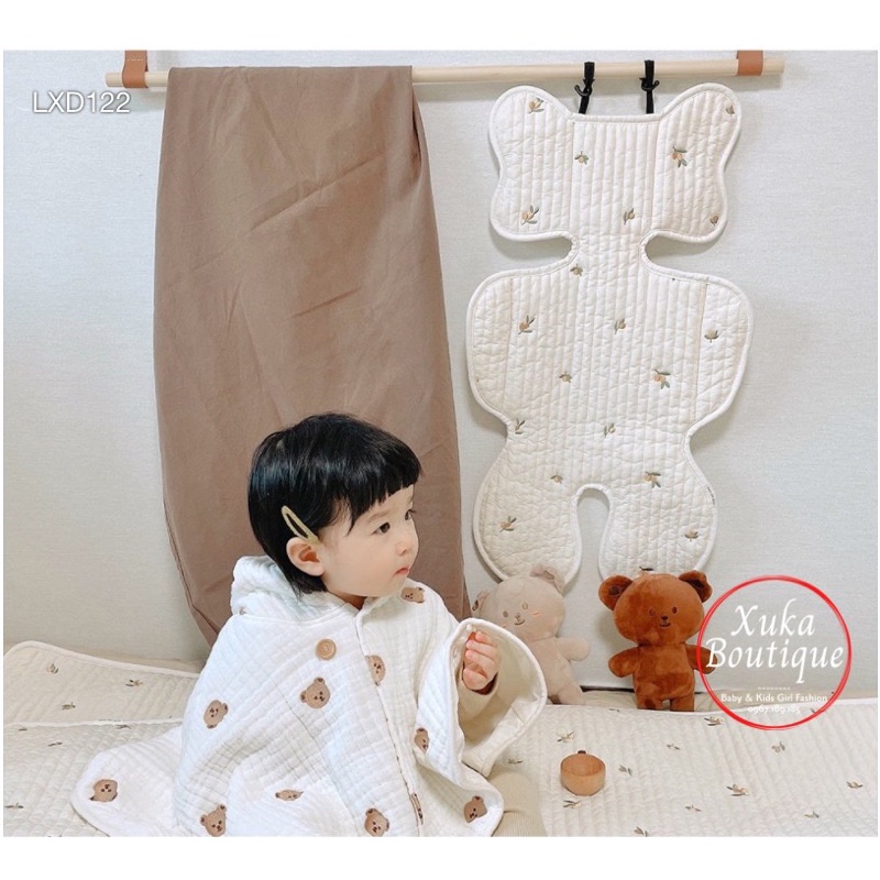 Lót Xe Đẩy Cao Cấp Style Hàn Quốc Thêu Gấu Thỏ, Có Đệm Chống Sốc Thoáng Khí Cho Bé