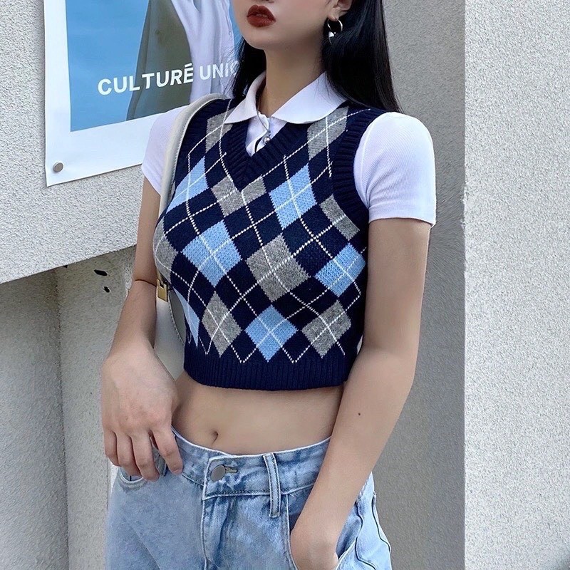 Áo gile len nữ dáng croptop họa tiết caro phong cách Ulzzang siêu xinh - 4BASIC Len03 | BigBuy360 - bigbuy360.vn