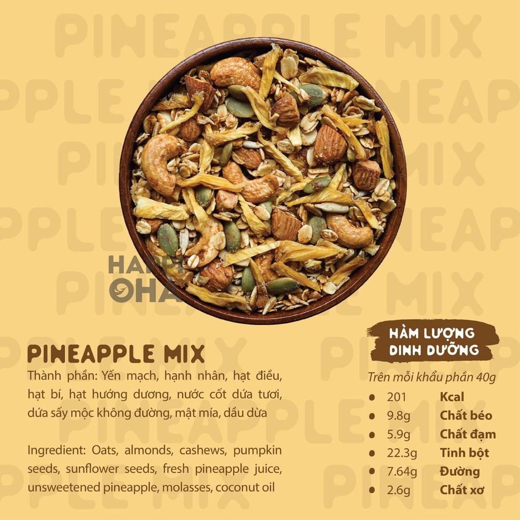 Ngũ Cốc Ăn Sáng/Ăn Kiêng Không Đường Tinh Luyện Vị Dứa 280g/400g - Granola Pineapple Mix HAPPI OHA