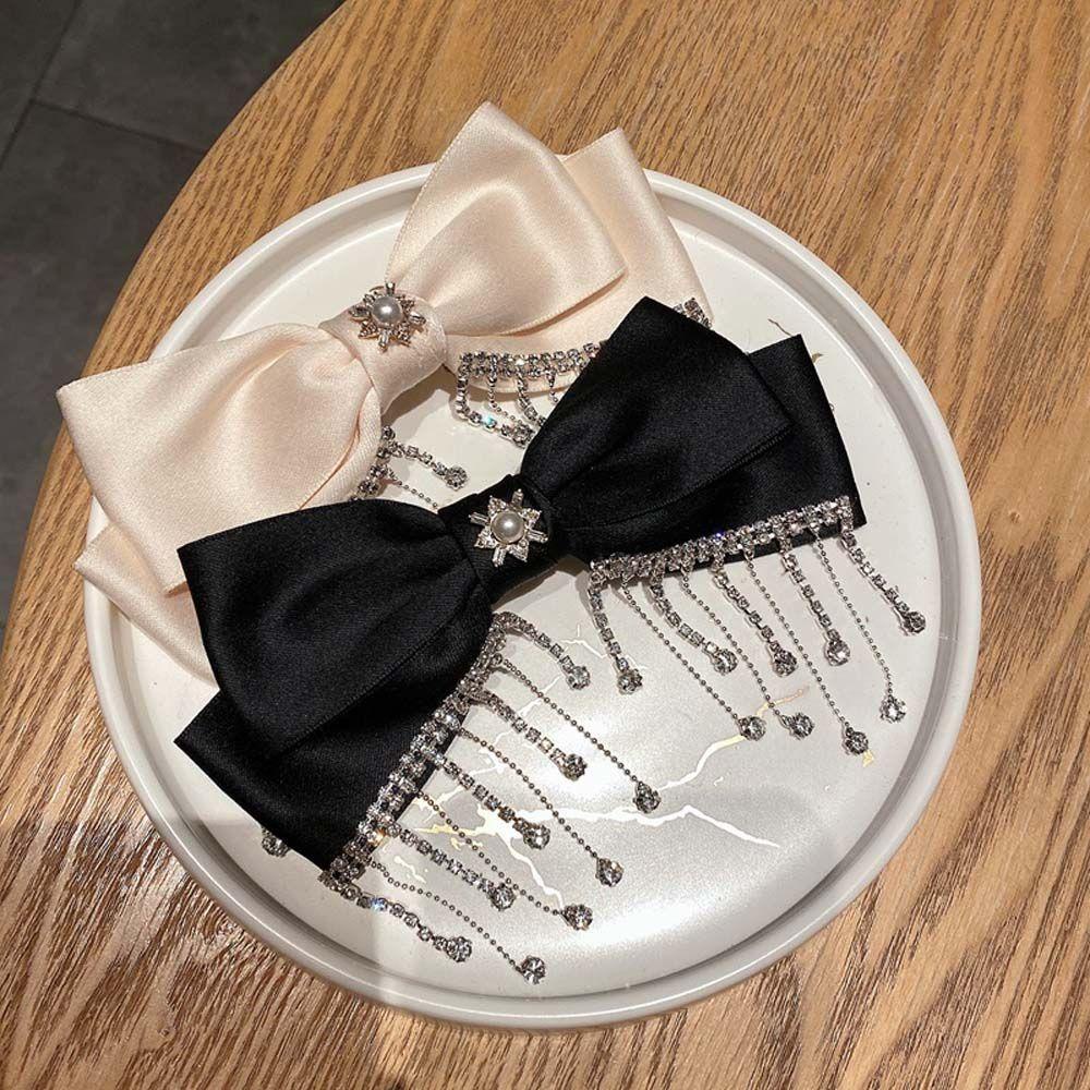 Kẹp Tóc Nơ Tua Rua Bằng Lụa Màu Đen/Hồng Đính Ngọc Trai Giả Dành Cho Nữ