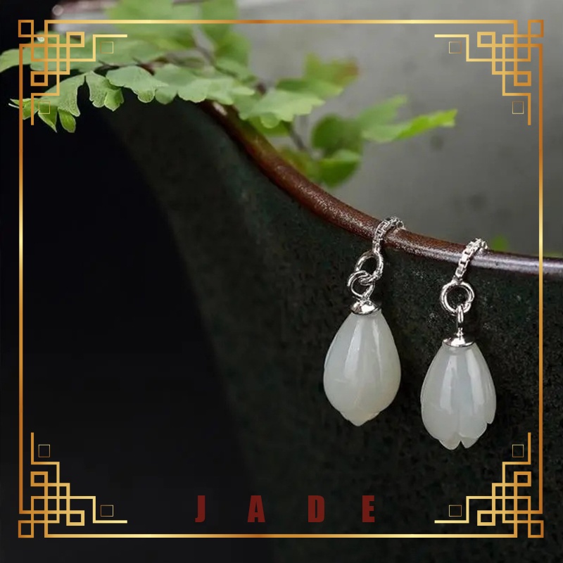【Lucky Jade】 Khuyên Tai Bạc S925 Mặt Hình Hoa Mộc Lan Đính Ngọc Bích Trắng Cho Nữ