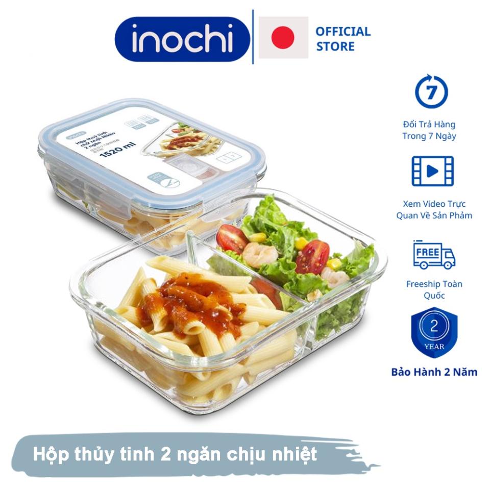 Thố thủy tinh Hộp đựng thực phẩm 2 ngăn nikko inochi hộp cơm thủy tinh chia ngăn cao cấp bảo quản đồ ăn thực phẩm