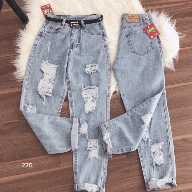 Quần baggy jean nữ lưng cao,màu xanh xịt thời trang, cắt rách gối 2 bên , LB275 JL JohnsonLi