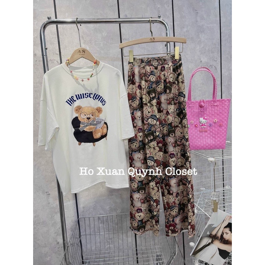 sét bộ cotton quần họa tiết gấu phối áo gấu ép 3D túi zip tem mác đầy đủ