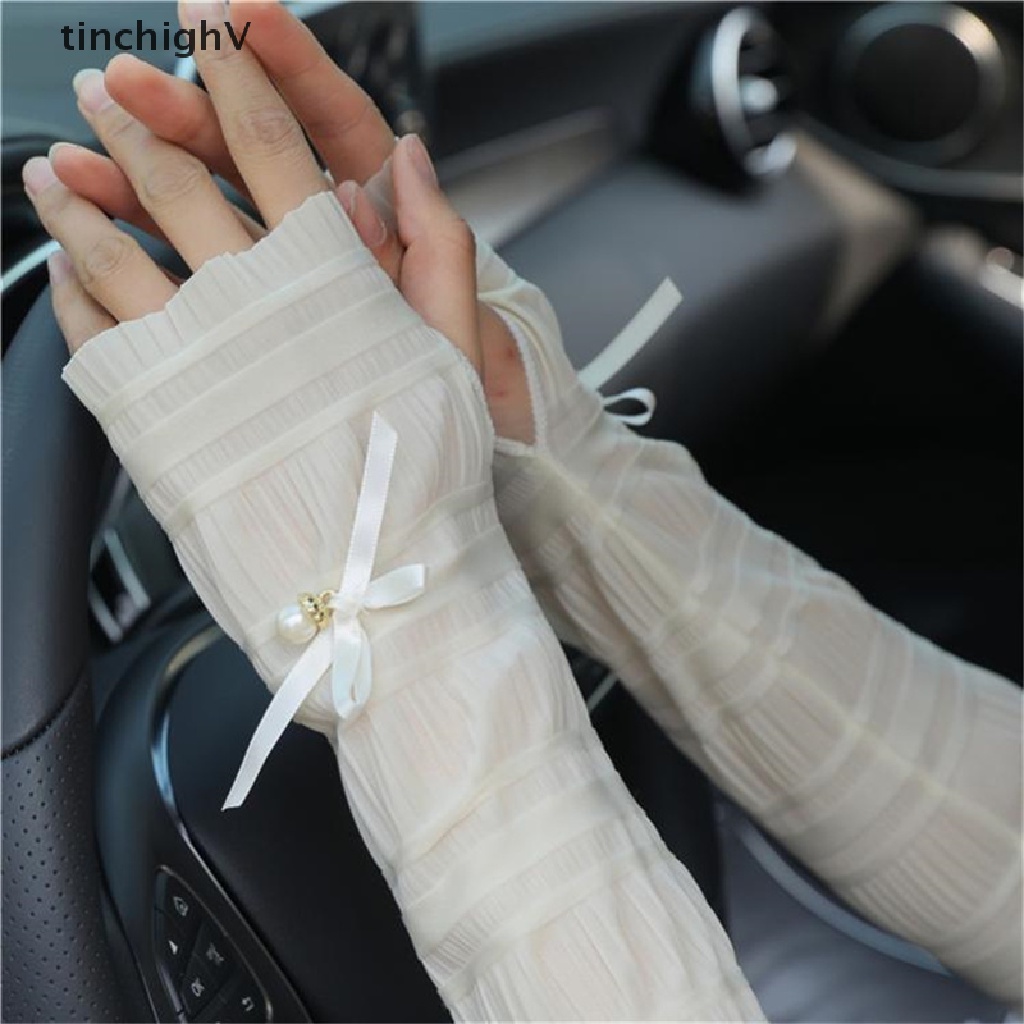 Găng Tay Dài Bằng Lụa Lạnh Phối Ren Chống Nắng Chống Tia UV Thời Trang Mùa Hè