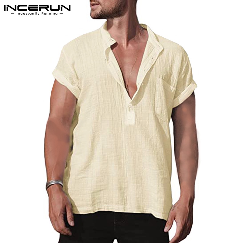 Áo sơ mi nam INCERUN tay ngắn cổ chữ V 4 màu trơn tùy chọn