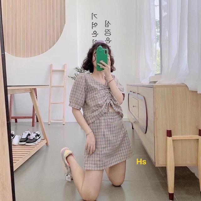 Set Váy Ngắn Nữ Kèm Áo Dây Rút Siêu Xinh ⚡  Bộ Nữ Mùa Hè Áo Croptop Kèm Chân Váy Ngắn  Cực Tôn Dáng