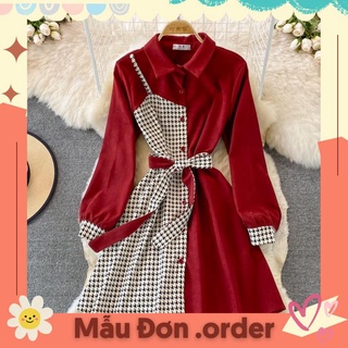 (Mẫu Đơn.order)  Đầm tay dài cổ sơ mi màu trơn mix kẻ một bên thắt dây eo freesize 4 màu
