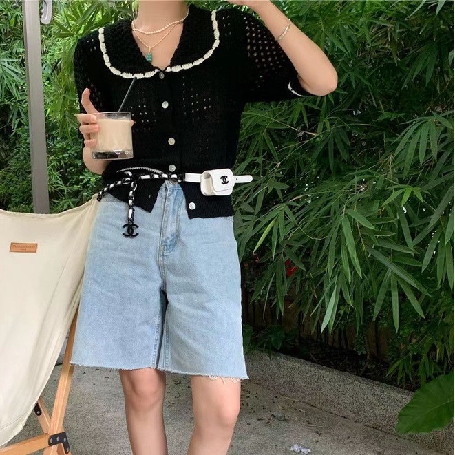 Áo cardigan dệt kim ZHELIHANGFEI tay ngắn cổ búp bê dáng rộng thời trang dễ thương xinh xắn cho nữ