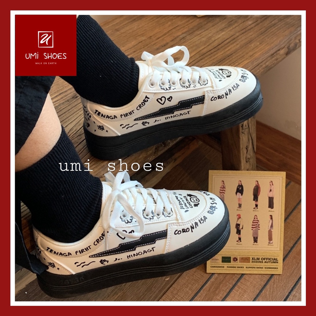 [CÓ SẴN ] Giày thể thao nữ ulzzang vẽ tay Custom GRAFFITY hot mới chữ kí đẹp đế bánh mỳ độn cao 4cm màu đen trắng