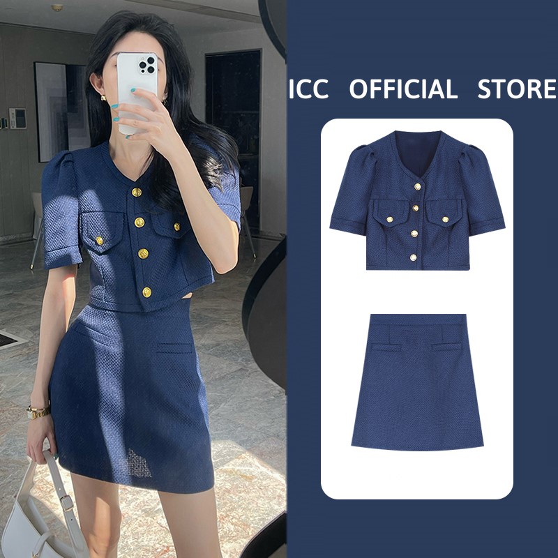 Set áo váy dạ màu xanh siêu sang chảnh có ảnh thật AC043