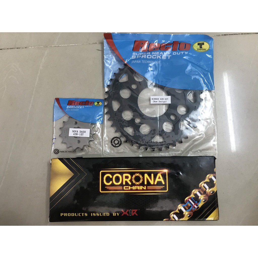 Bộ nhông, sên, dĩa Winner (Nhông15, dĩa 43T Rector-sên X1R có phốt)