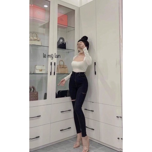 Quần Dài Jean BigSize Rách Hông Đùi Màu Đen/ Xám Sáng - Co Giãn Mạnh - Lưng Siêu Cao