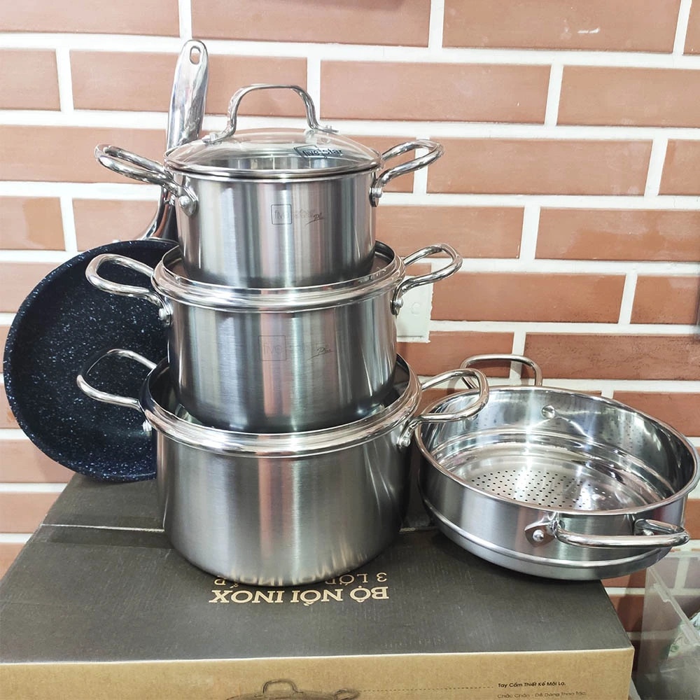 Bộ 5 Nồi Xửng Chảo chống dính Inox 304 Fivestar Plus FPB5006 Thân Đúc Đáy Liền dùng được bếp từ