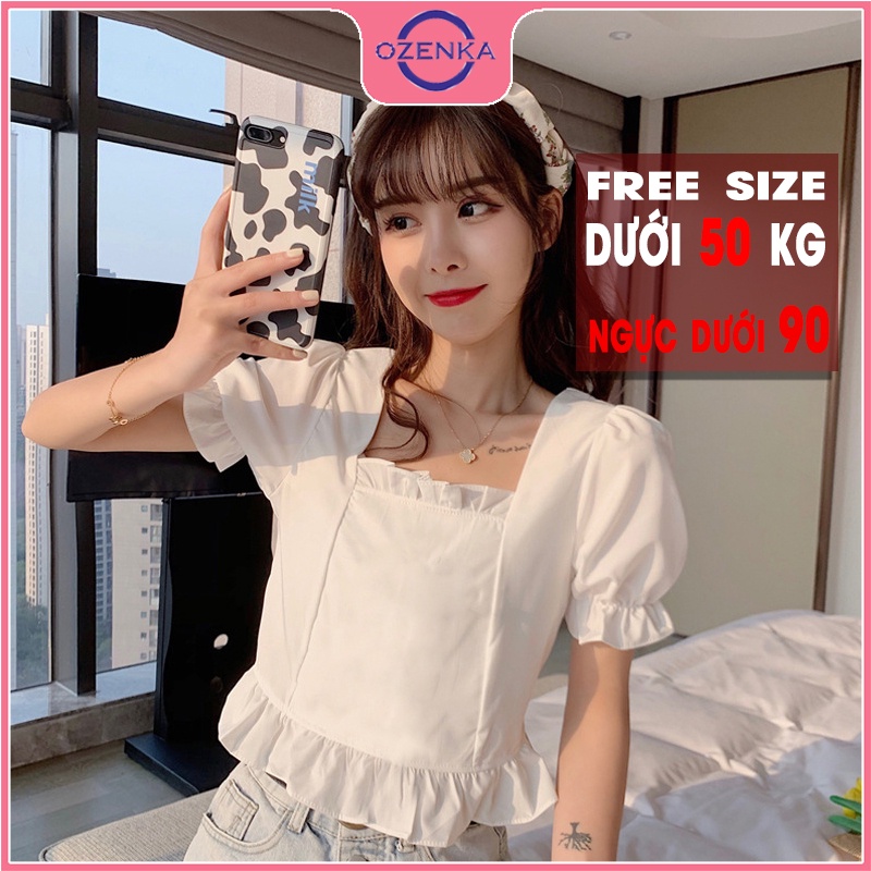 Áo croptop nữ rộng kiểu Hàn Quốc tay phồng  viền bánh bèo OZENKA chất thun gân 100% cotton  màu đen trắng dưới 50 kg