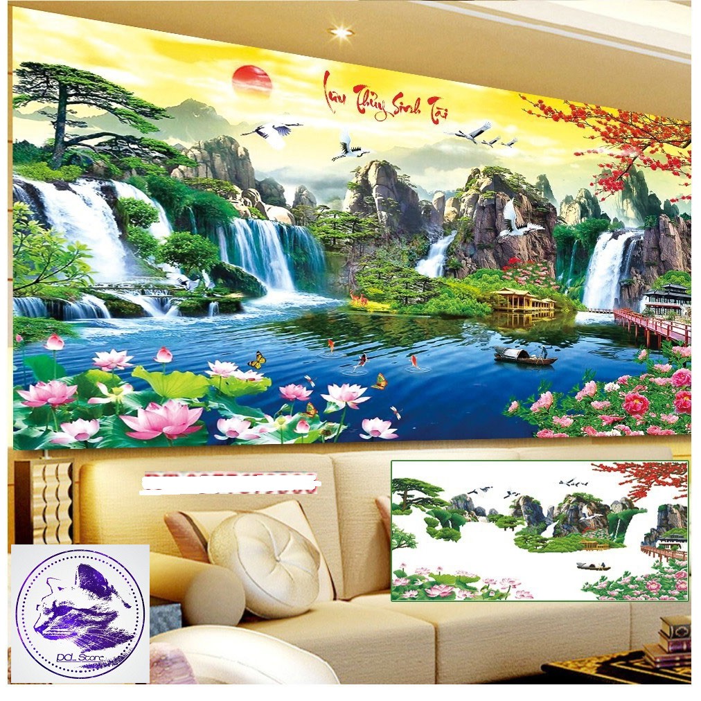 Tranh đính đá phong cảnh Lưu Thủy Sinh Tài. Kích thước: 120x65cm và 160x85cm