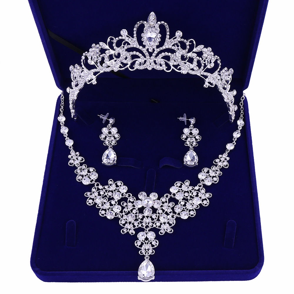 Bộ Phụ Kiện Vương Miện Ba Món Gồm Dây Chuyền Bông Tai Vòng Cổ + Vương Miện Sang Trọng Phụ Kiện Tóc Cô Dâu Đẹp Mắt Cho Cô Dâu