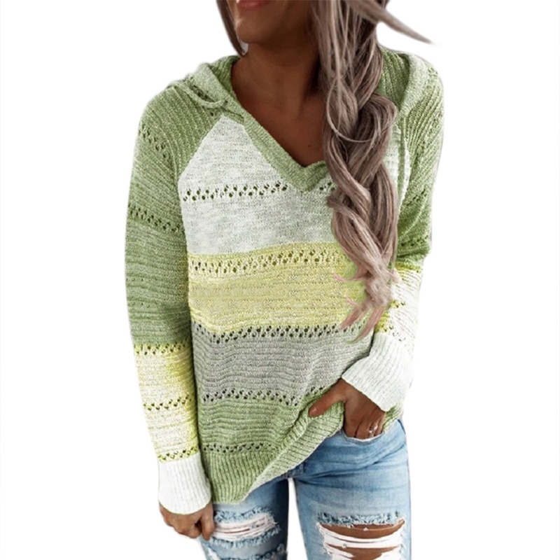 Áo Hoodie Dệt Kim Tay Dài Dáng Rộng Cổ Chữ V Họa Tiết Kẻ Sọc Màu Sắc Khối Rỗng Thời Trang Mùa Thu Cho Nữ