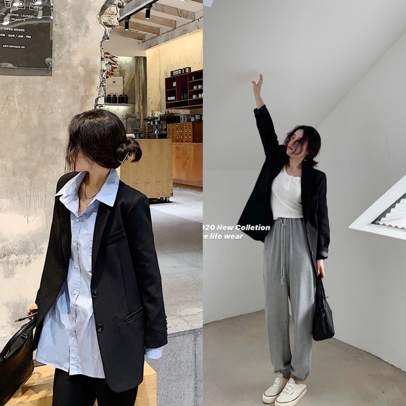 Áo blazer, vest nữ dài tay 2 lớp màu nâu tây, đen có đệm vai cá tính phong cách Hàn Quốc Aimee closet