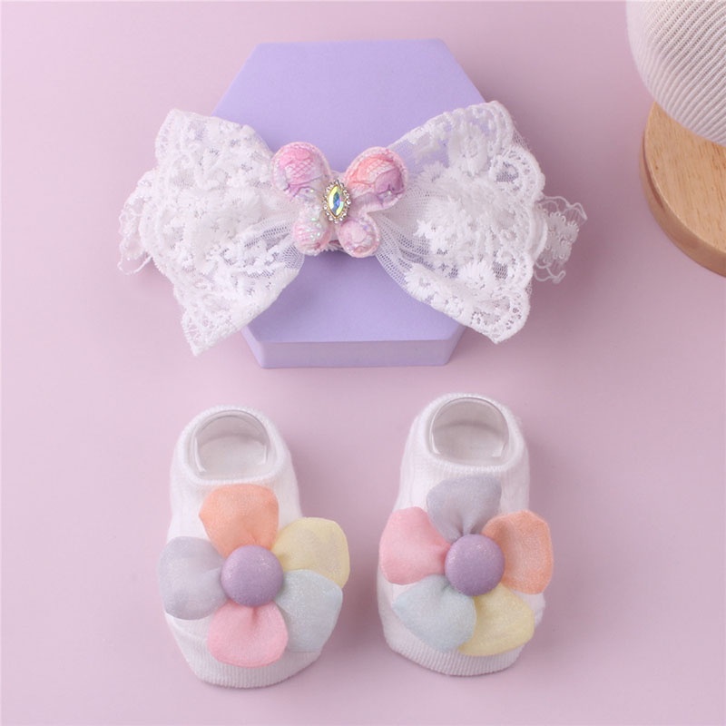 Băng Đô + Vớ Co Giãn Chống Trượt Đính Nơ Xinh Xắn Cho Bé Gái