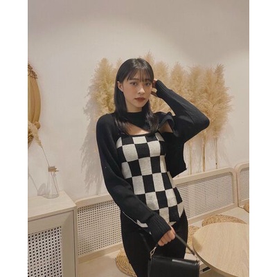 Sét áo 2 dây vạt kẻ ô + len khoác Quảng châu