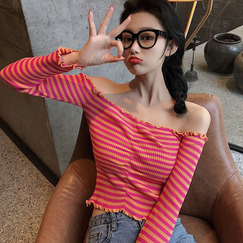 Women's Fashion Slash Neck Striped Sexy Sweet Knitted Long Sleeve Sweater Top | BigBuy360 - bigbuy360.vn
