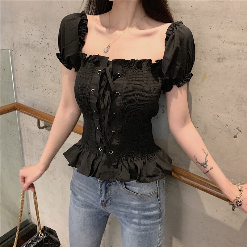 Áo thắt eo tay phồng trễ vai