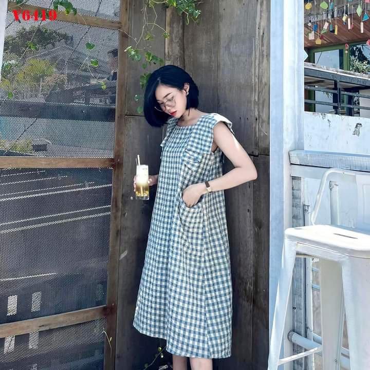 Váy suông cổ vuông tay hến gập họa tiết kẻ caro túi hai bên hông 3 màu hottrend