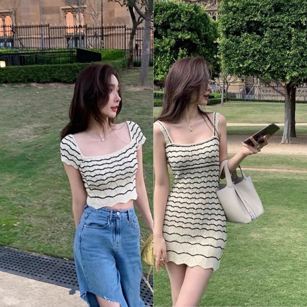 Set áo váy len mỏng viền họa tiết sóng đôi bạn thân